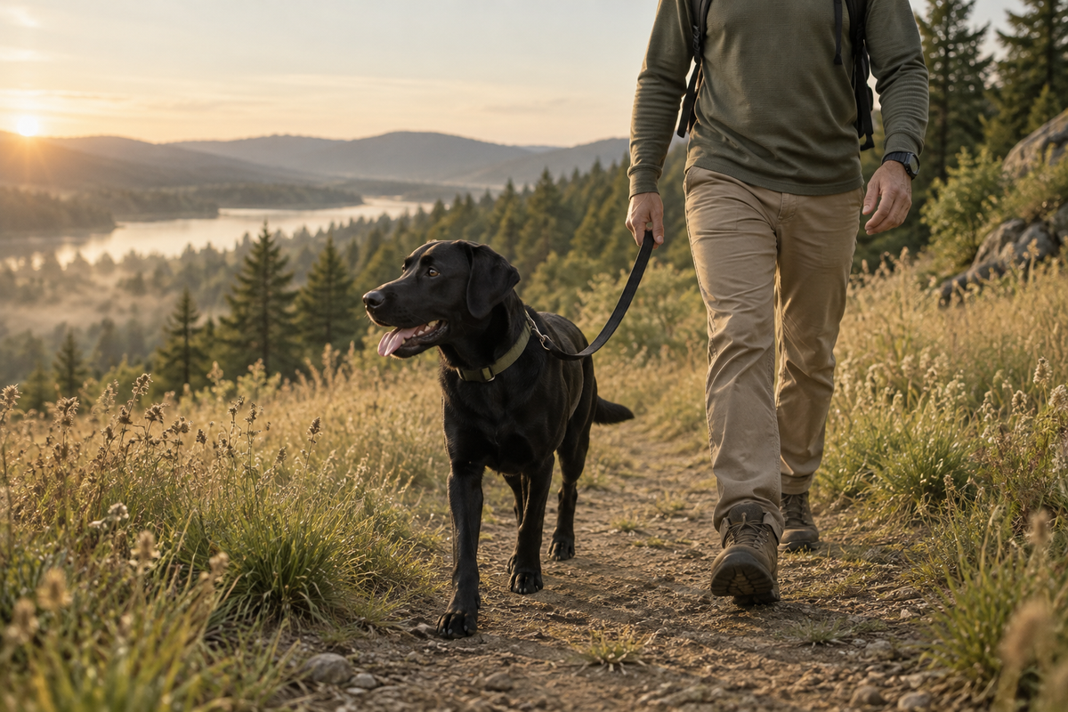 Black Labrador on a leash walking beside a person on a grassy hillside trail
