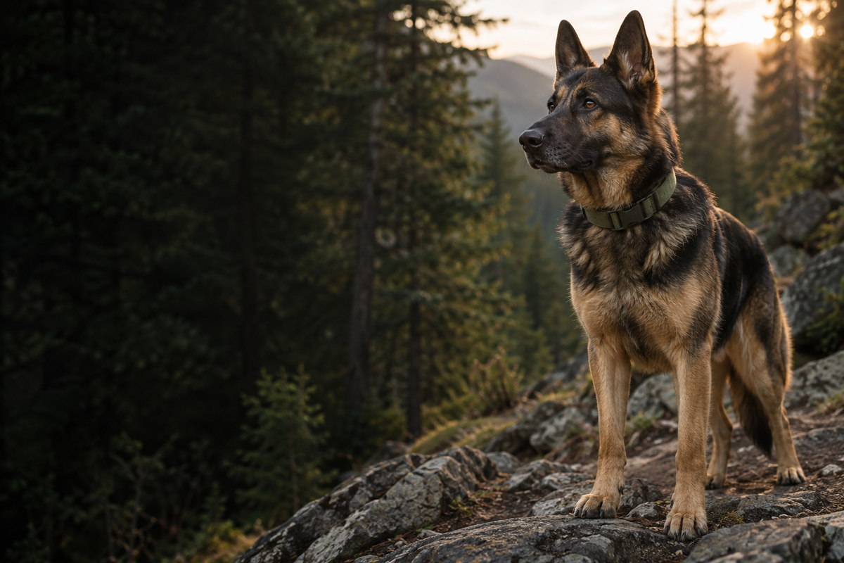German shepherd wearing a green nylon collar on a pine forest trail at dawn